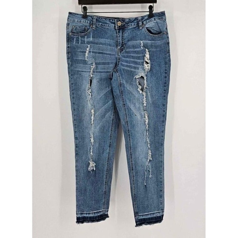 Twentyone Black Mid-Rise Skinny Flex Torn Distressed Med Wash Stretch Jeans 14R